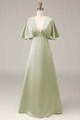 Dusty Sage V-neck short sleeved A-line satin bridesmaid dress