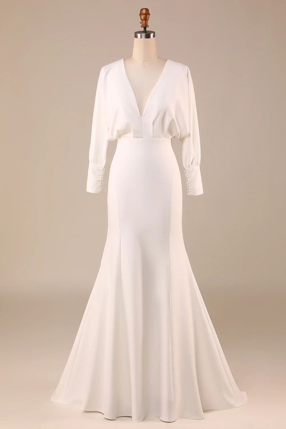 Minimalist ivory fishtail long sleeved backless deep V-neck wedding dress