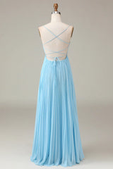 Sky Blue Spaghetti Straps Cowl Neck Pleated Open Back A-line Chiffon Bridesmaid Dress
