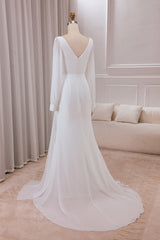 Ivory V-neck long sleeved A-line chiffon and floor length wedding dress