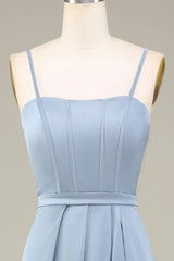 Grey blue A-line thin shoulder strap satin long bridesmaid dress