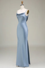 Grey blue tight fitting thin shoulder strap satin long bridesmaid dress