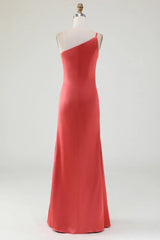 Red earth one shoulder ground pleated satin bridesmaid dress
