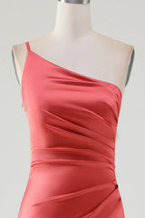 Red earth one shoulder ground pleated satin bridesmaid dress