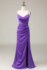 Spaghetti Straps V-neck Sheath Satin Bridesmaid Dress with Slit