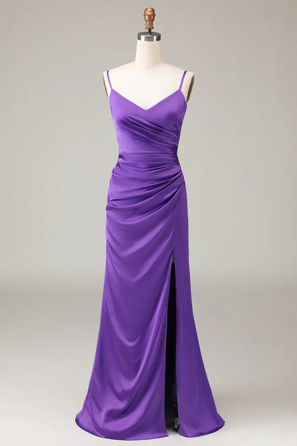Spaghetti Straps V-neck Sheath Satin Bridesmaid Dress with Slit