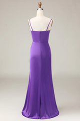Spaghetti Straps V-neck Sheath Satin Bridesmaid Dress with Slit