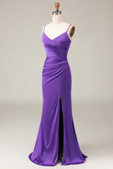 Spaghetti Straps V-neck Sheath Satin Bridesmaid Dress with Slit