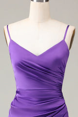 Spaghetti Straps V-neck Sheath Satin Bridesmaid Dress with Slit