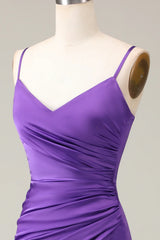 Purple Spaghetti Straps V-neck Sheath Satin Bridesmaid Dress with Slit