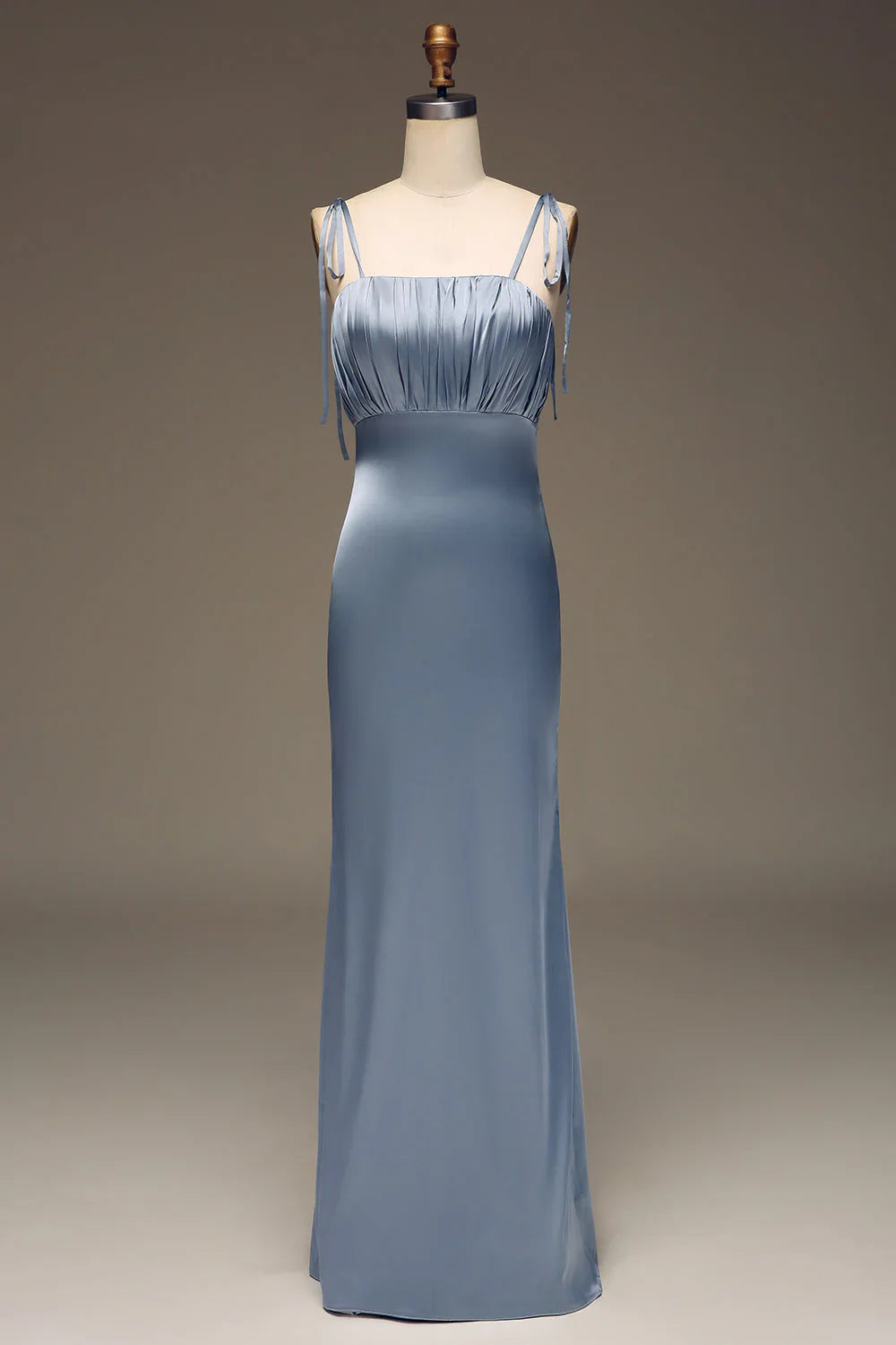 Grey blue slim shoulder strap tight satin pleated bridesmaid dress