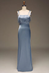Grey blue slim shoulder strap tight satin pleated bridesmaid dress
