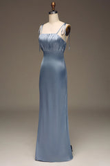 Grey blue slim shoulder strap tight satin pleated bridesmaid dress