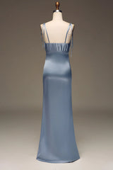 Grey blue slim shoulder strap tight satin pleated bridesmaid dress