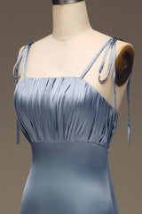 Grey blue slim shoulder strap tight satin pleated bridesmaid dress