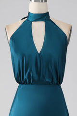 Peacock A-shaped hanging neck long slit bridesmaid dress