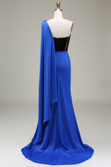 Royal Blue One Shoulder Satin and Sequin Mermaid Pleated Prom Dress with Slit