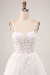 Ivory A-line thin shoulder strap tight fitting corset lace sheer long wedding dress