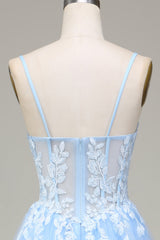 Tulle A-Line Spaghetti Straps Sky Blue Prom Dress with Appliques