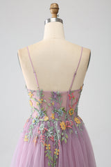 Mauve A-Line Spaghetti Straps Tulle Long Prom Dress With Embroidery