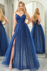 Wholesale Navy A-Line Spaghetti Straps Lace Up Long Glitter Prom Dress With Slit prom dresses shops
