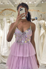 Wholesale Mauve A-Line Long Tiered Tulle Prom Dress With Embroidery prom dresses with long sleeves