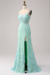 Mermaid Lace-Up Back Lilac Sequins Prom Dress with Slit