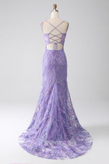 Mermaid Lace-Up Back Lilac Sequins Prom Dress with Slit