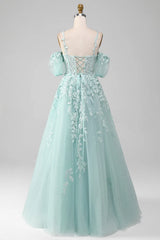 Wholesale Mint A Line Tulle Off the Shoulder Lace Up Long Prom Dress With Appliques prom dresses shops