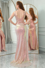 Wholesale Sparkly Blush Mermaid V Neck Zipper Back Long Prom Dress With Slit prom dresses with long sleeves