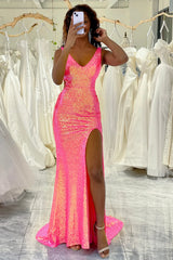 Wholesale Sparkly Hot Pink Mermaid V Neck Zipper Back Long Prom Dress With Slit prom dresses with long sleeves