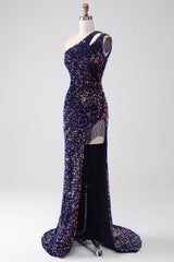 Black Mermaid One Shoulder Sequins Long Prom Dress with Slit