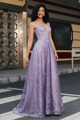 Princess A Line Spaghetti Straps Corset Purple Prom Dress with Beading