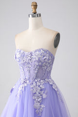 Lavender A-Line Strapless Tulle Long Prom Dress with Sleeves