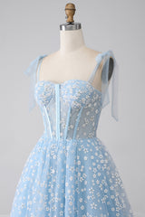 A-Line Spaghetti Straps Sky Blue Corset Prom Dress