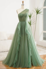 A Line Navy Blue One Shoulder Chiffon Long Ball Dress