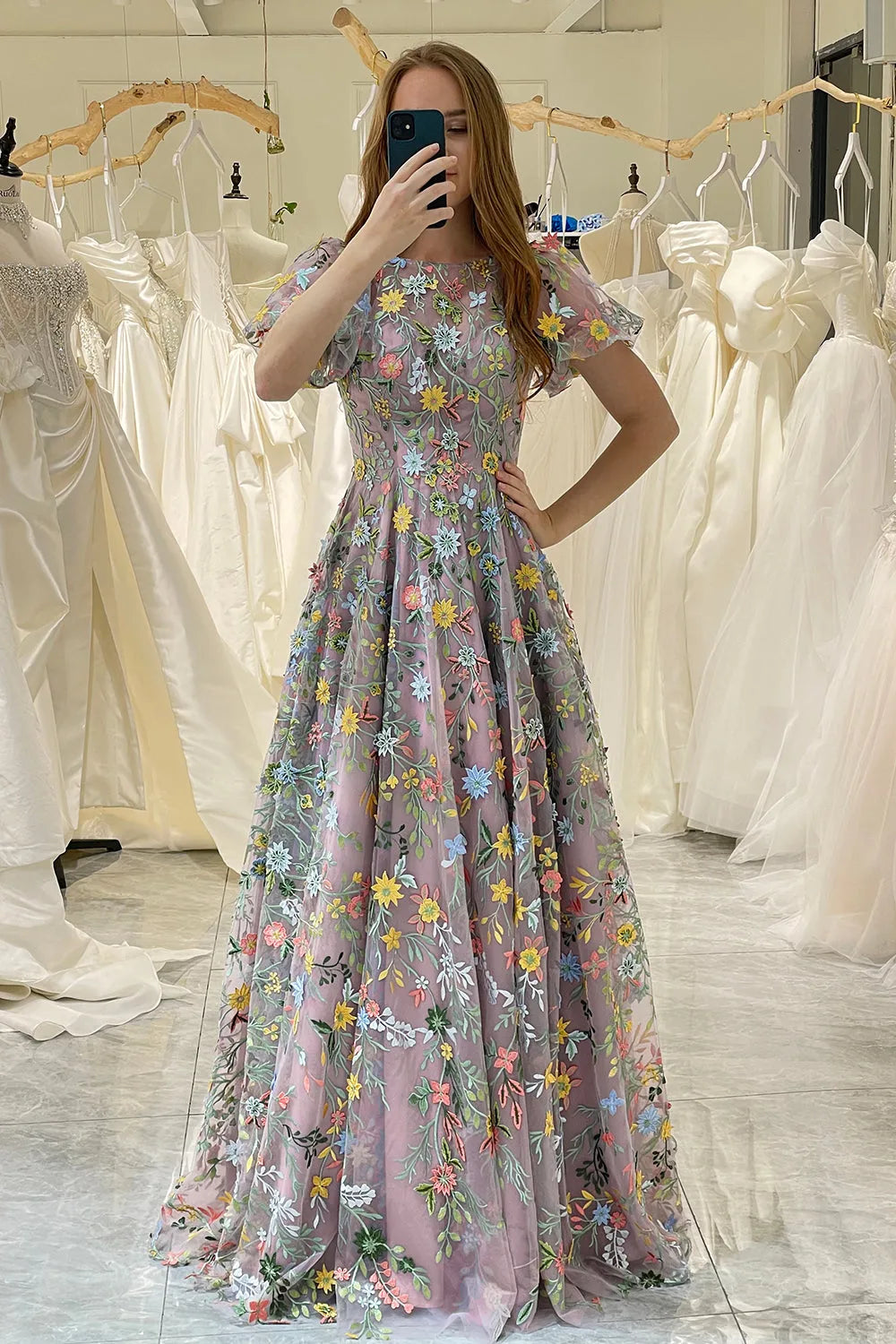 Wholesale Mauve A Line Short Sleeves Long Tulle Prom Dress With Appliques prom dresses with long sleeves