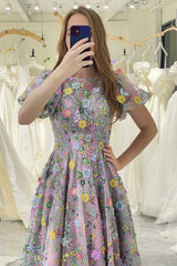 Wholesale Mauve A Line Short Sleeves Long Tulle Prom Dress With Appliques prom dresses with long sleeves