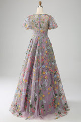 Mauve Ball-Gown/Princess Embroidered Prom Dress with Short Sleeves