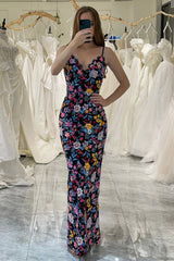 Wholesale Black Flower Spaghetti Straps Mermaid Long Prom Dress With Embroidery prom dresses shops