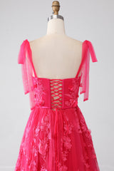 A-Line Spaghetti Straps Fuchsia Long Prom Dress with Slit