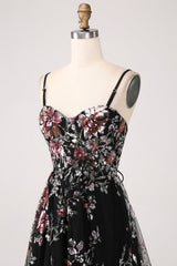 Black A-Line Flower Sequins Long Corset Prom Dress