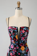 Mermaid Spaghetti Straps Black Flower Embroidered Prom Dress With Side Slit