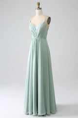 Matcha A-Line Spaghetti Straps Backless Pleated Long Bridesmaid Dress