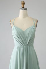 Matcha A-line thin shoulder strap backless pleated long bridesmaid dress
