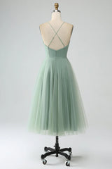 Matcha A-line thin shoulder strap tea long tight corset sheer bridesmaid dress