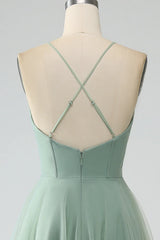 Matcha A-line thin shoulder strap tea long tight corset sheer bridesmaid dress