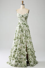 Green A-Line Spaghetti Straps Printed Pleated Long Prom Dress With Slit
