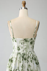 Green A-Line Spaghetti Straps Printed Pleated Long Prom Dress With Slit