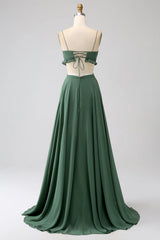 Thin shoulder strap with ruffle edge, green hollow out long bridesmaid dress